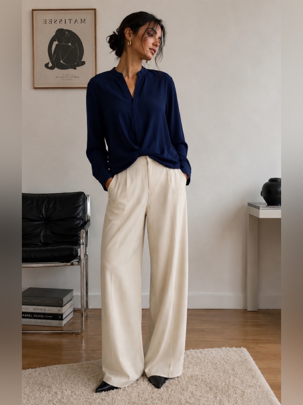 Amour Vert 100% Silk Draped Twist Front Blouse Navy XS USA Chic Minimalist Luxe